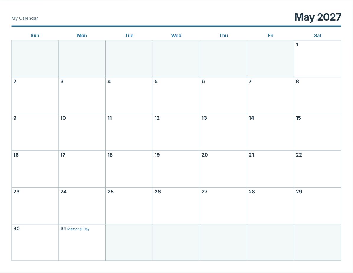 May 2027 Printable Calendar (print preview)