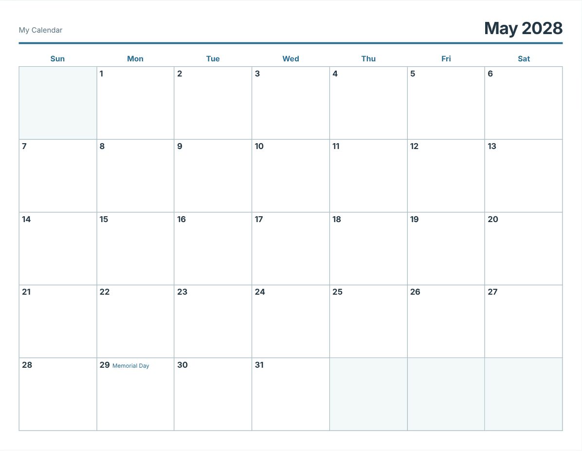May 2028 Printable Calendar (print preview)