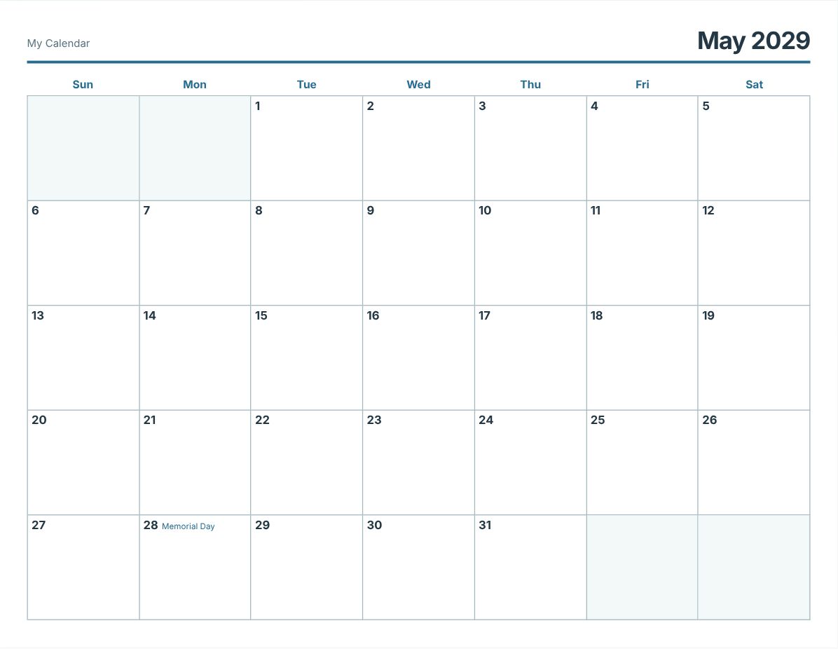 May 2029 Printable Calendar (print preview)