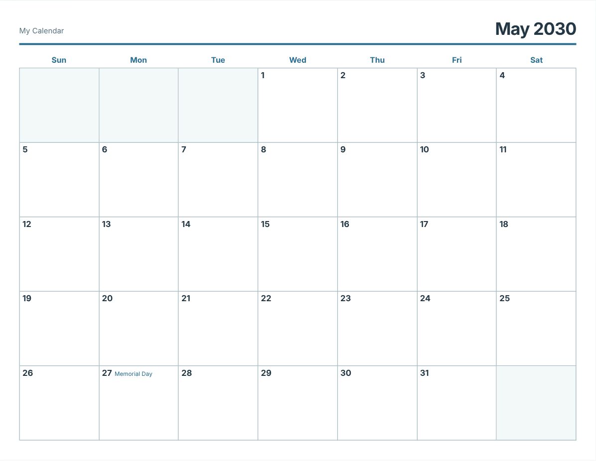 May 2030 Printable Calendar (print preview)