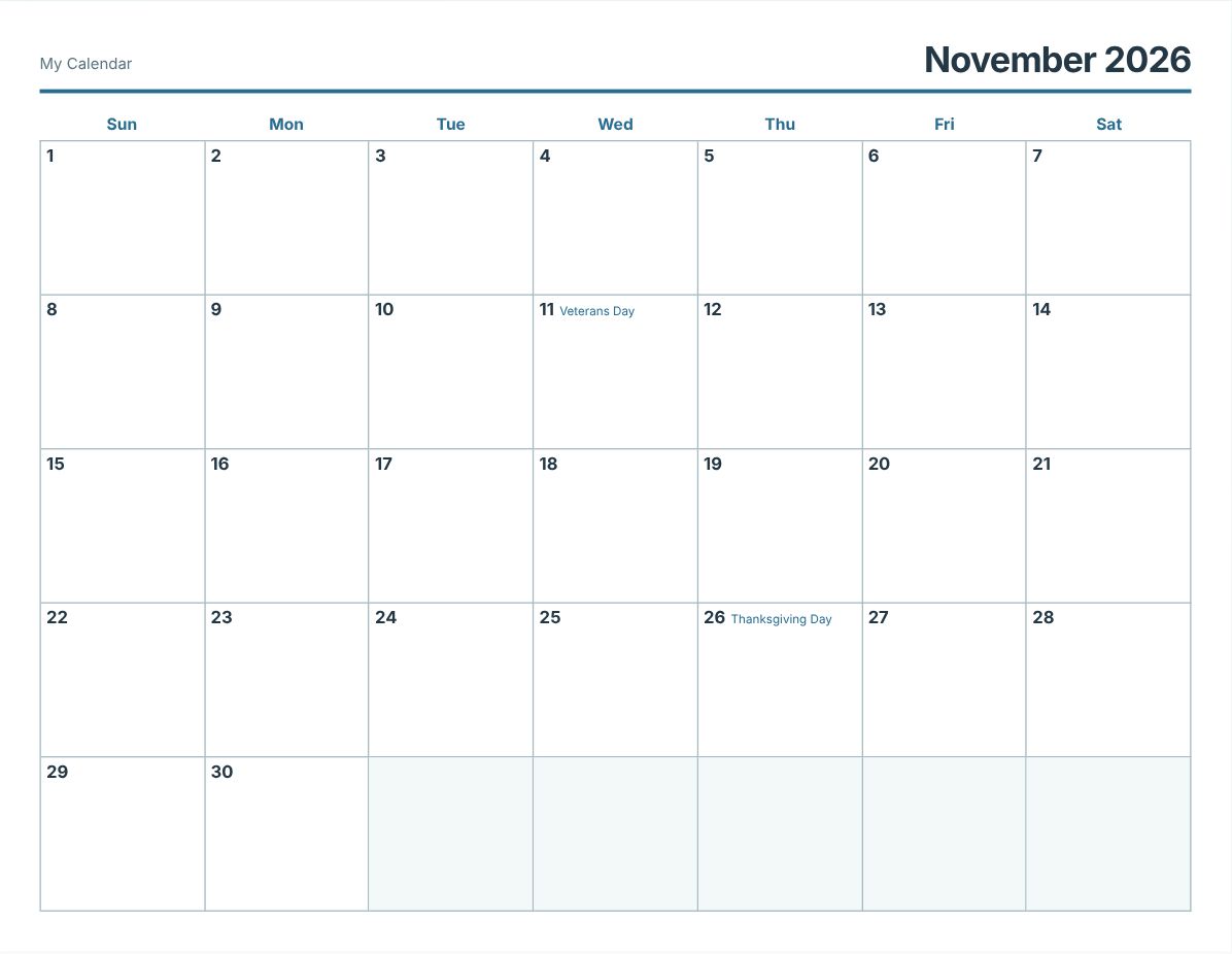 November 2026 Printable Calendar (print preview)