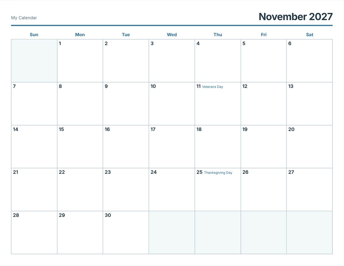 November 2027 Printable Calendar (print preview)