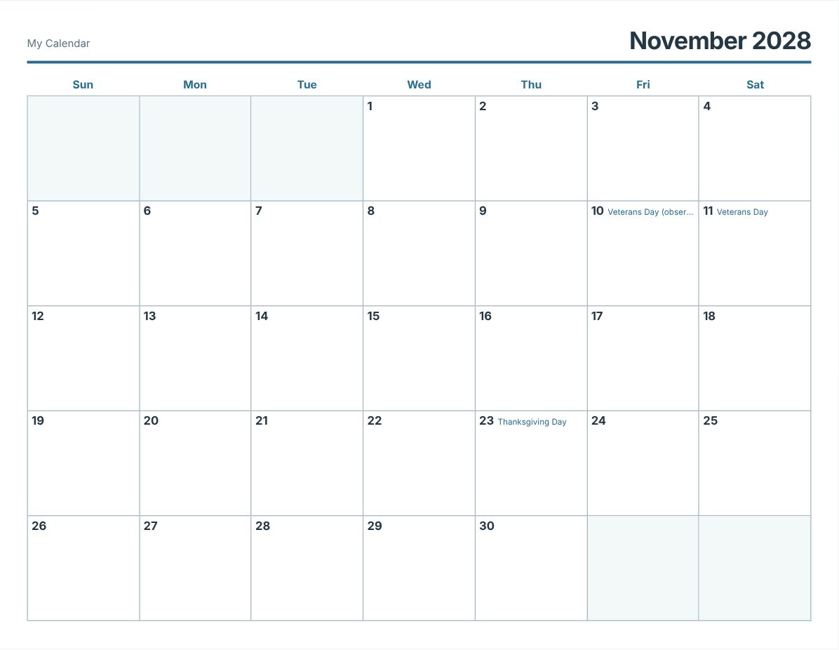 November 2028 Printable Calendar (print preview)