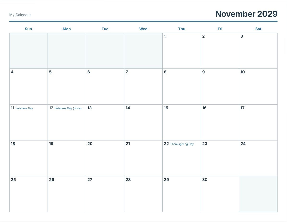 November 2029 Printable Calendar (print preview)