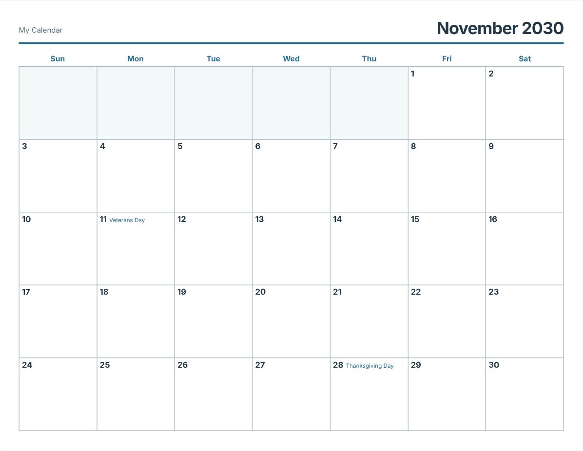 November 2030 Printable Calendar (print preview)