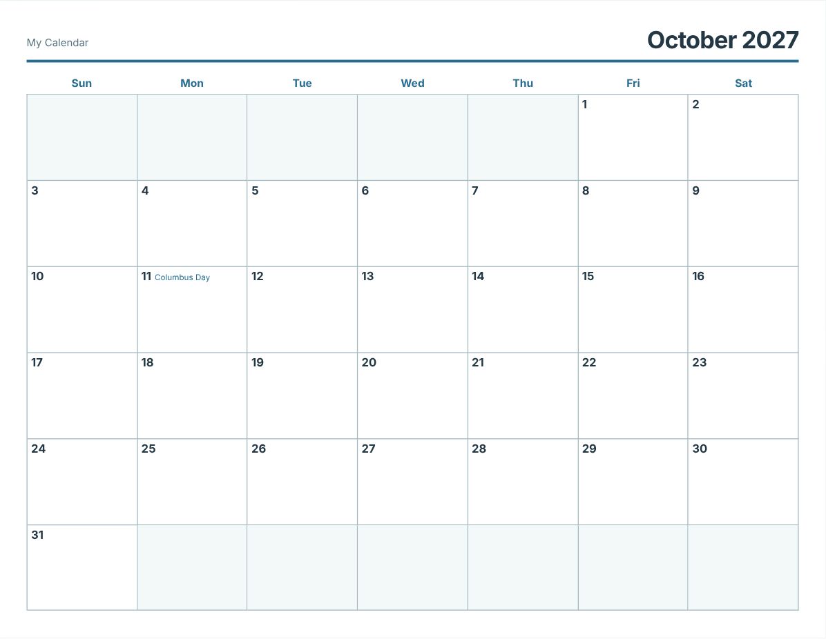 October 2027 Printable Calendar (print preview)