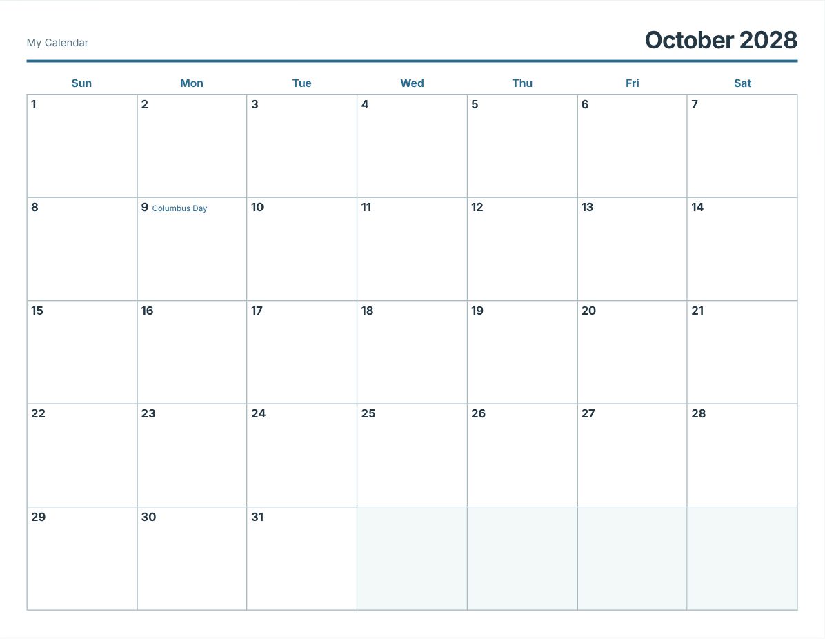 October 2028 Printable Calendar (print preview)