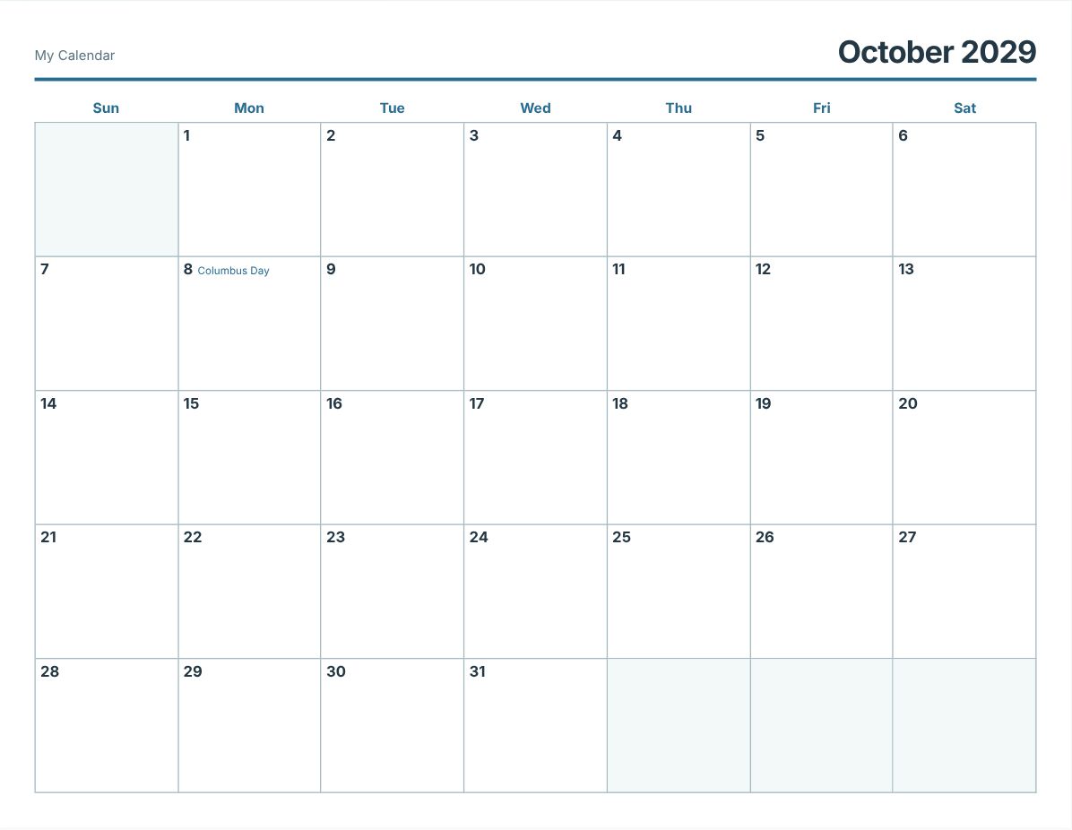 October 2029 Printable Calendar (print preview)