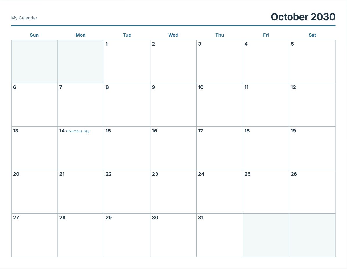 October 2030 Printable Calendar (print preview)