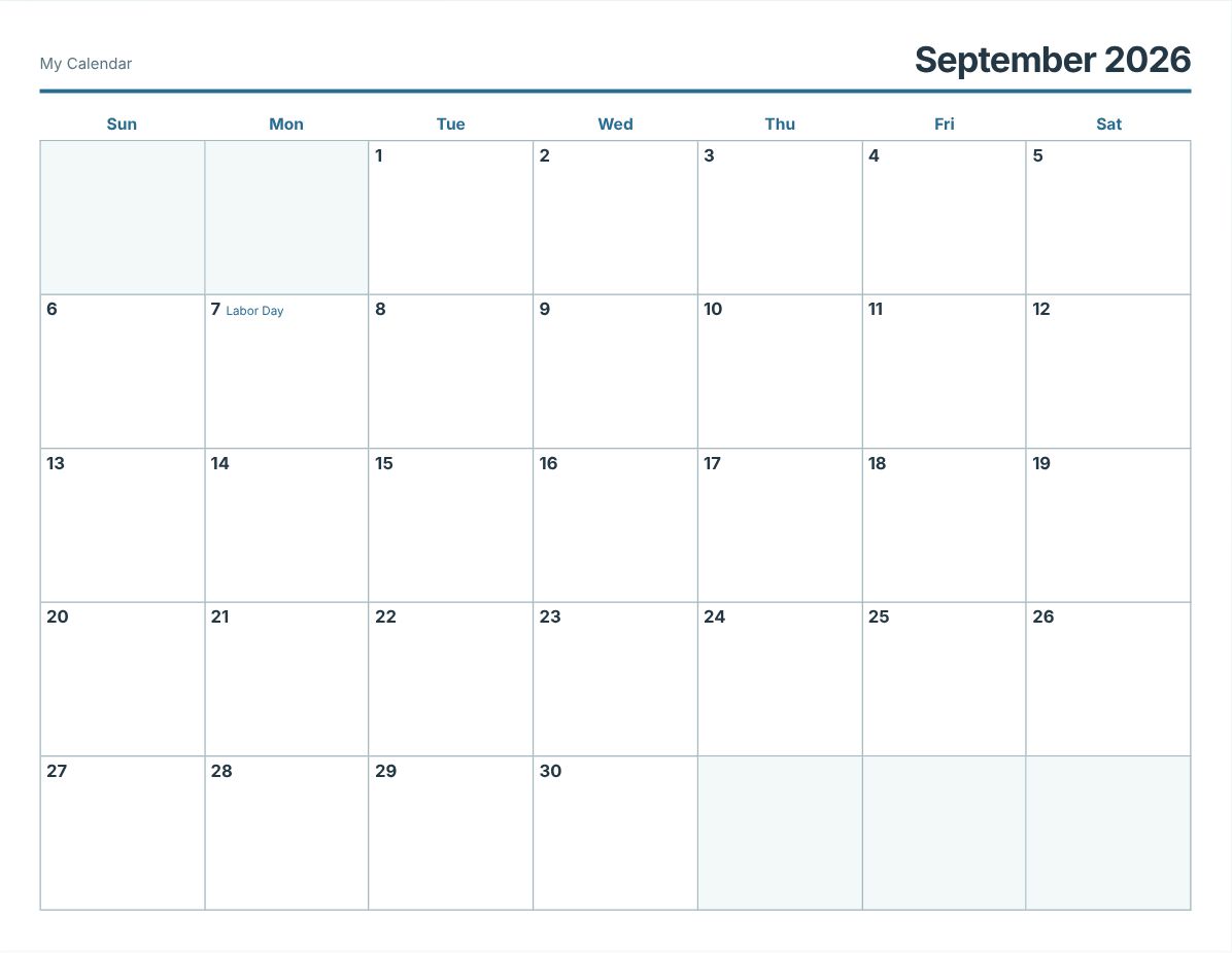 September 2026 Printable Calendar (print preview)