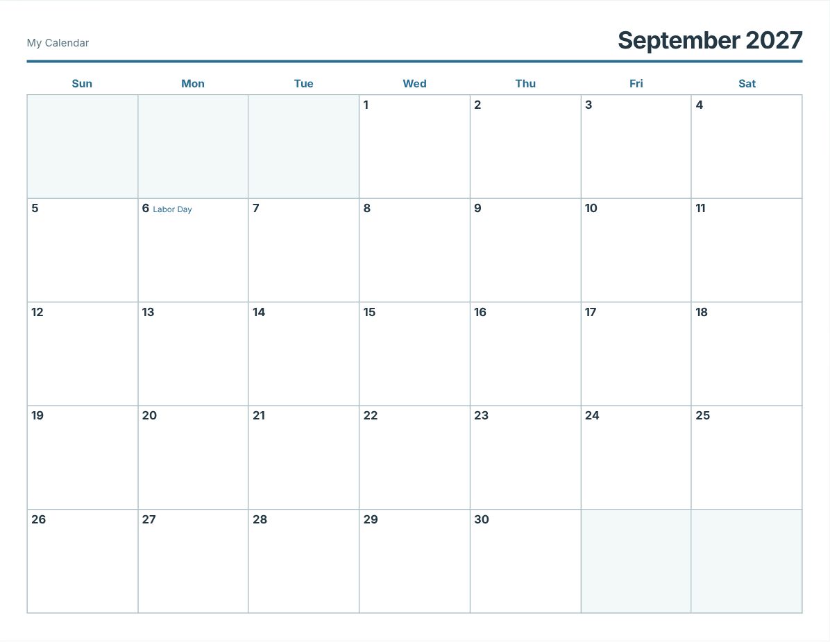 September 2027 Printable Calendar (print preview)
