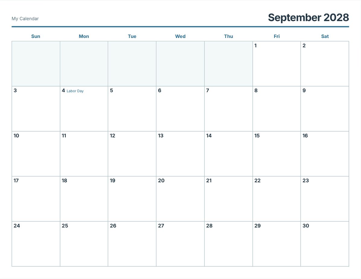 September 2028 Printable Calendar (print preview)