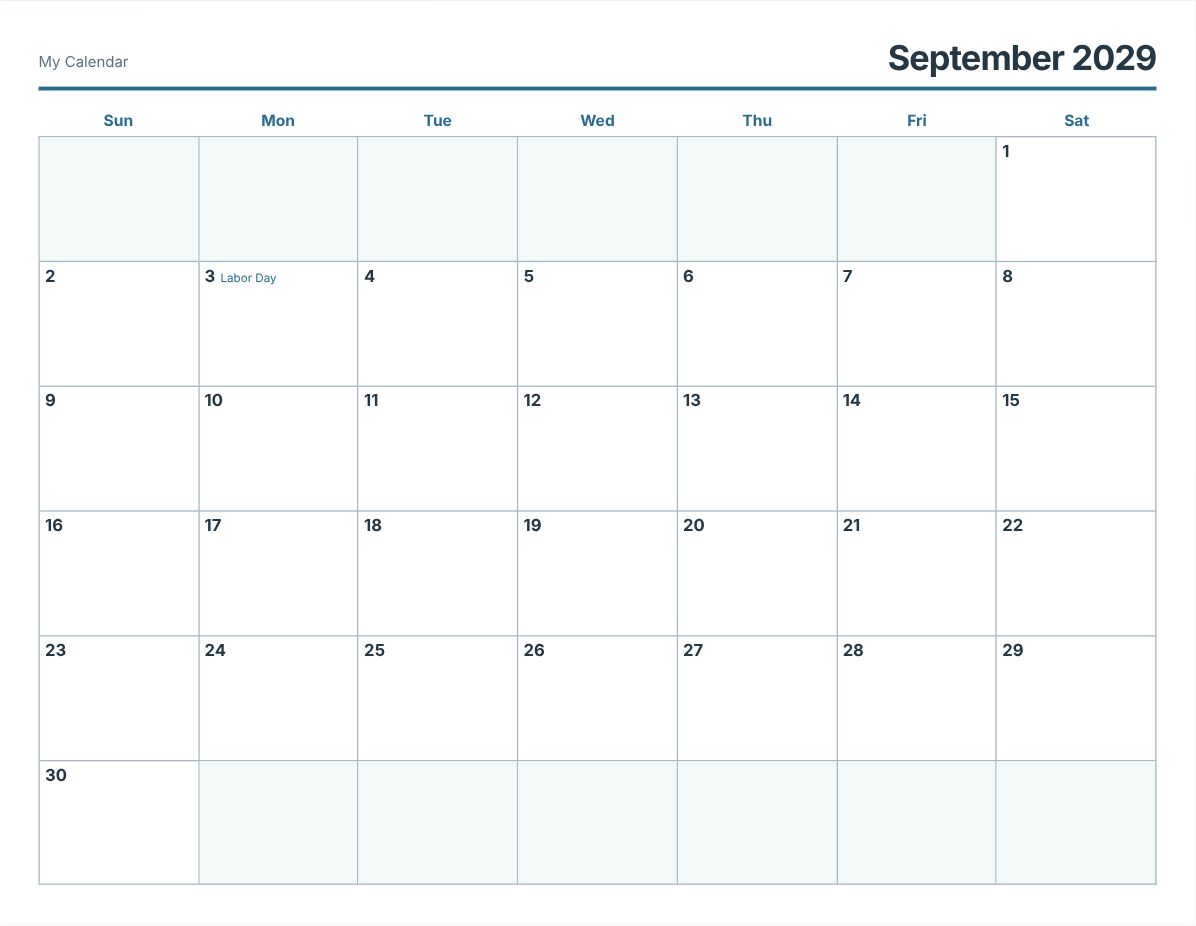 September 2029 Printable Calendar (print preview)