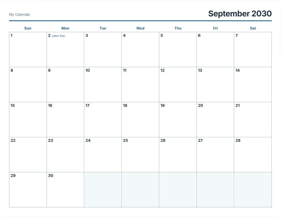 September 2030 Printable Calendar (print preview)