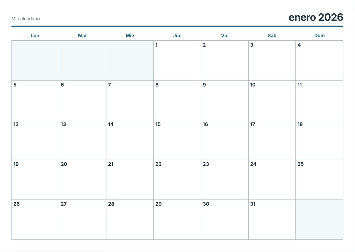 Calendario imprimible de 2026 – PDF gratis (vista previa de impresión)