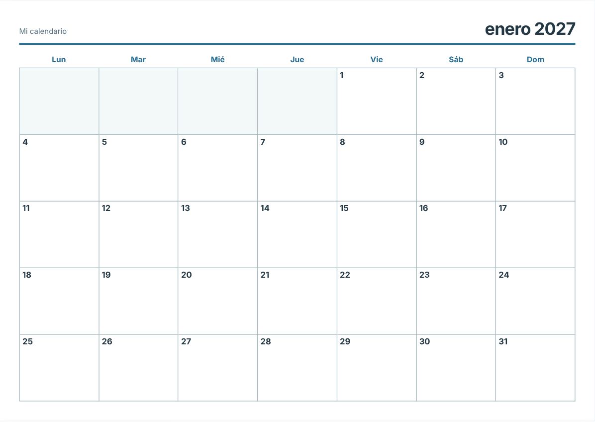 Calendario imprimible de 2027 – PDF gratis (vista previa de impresión)