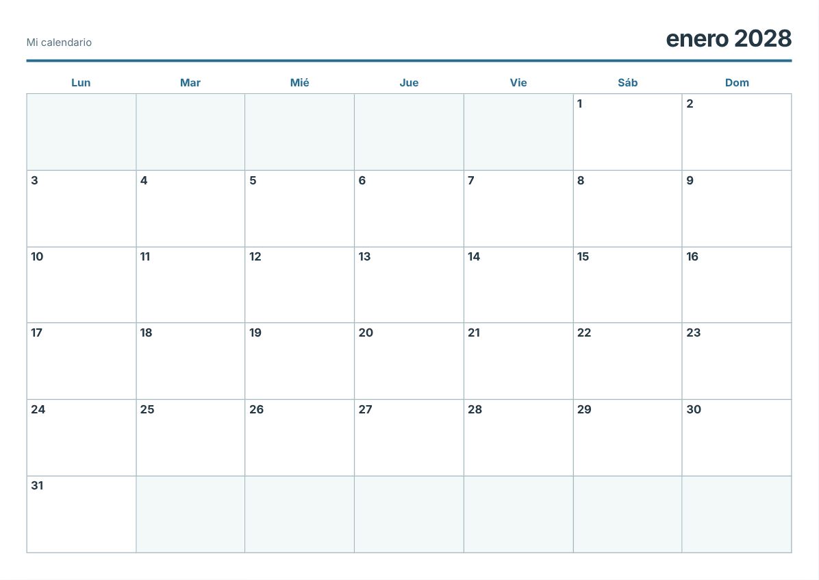 Calendario imprimible de 2028 – PDF gratis (vista previa de impresión)