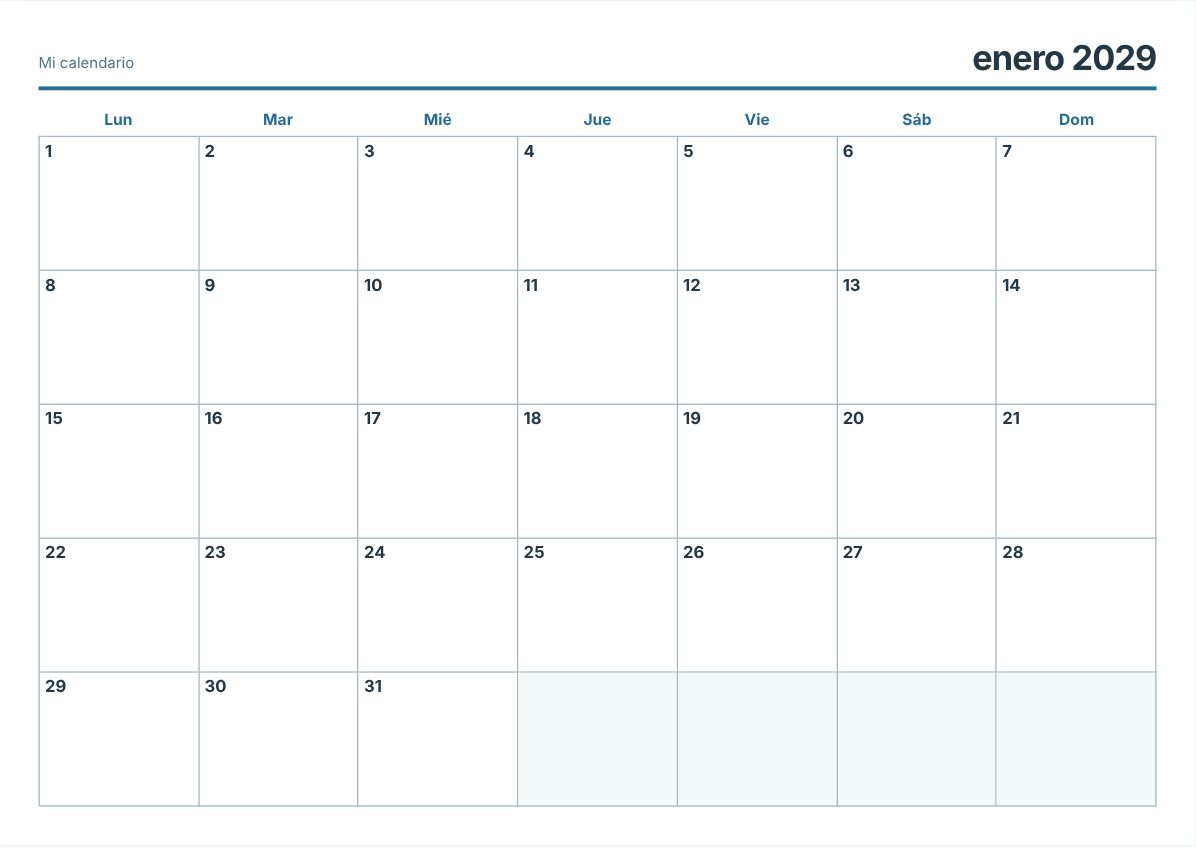 Calendario imprimible de 2029 – PDF gratis (vista previa de impresión)