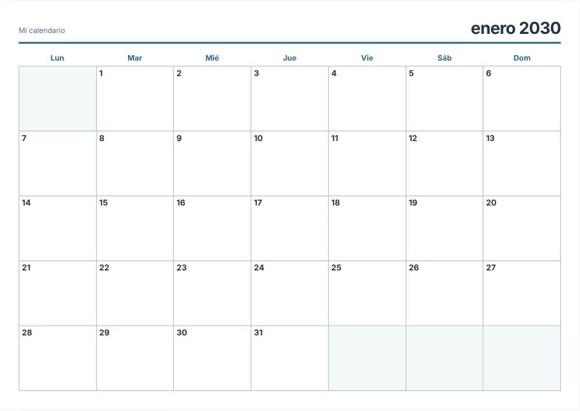 Calendario imprimible de 2030 – PDF gratis (vista previa de impresión)