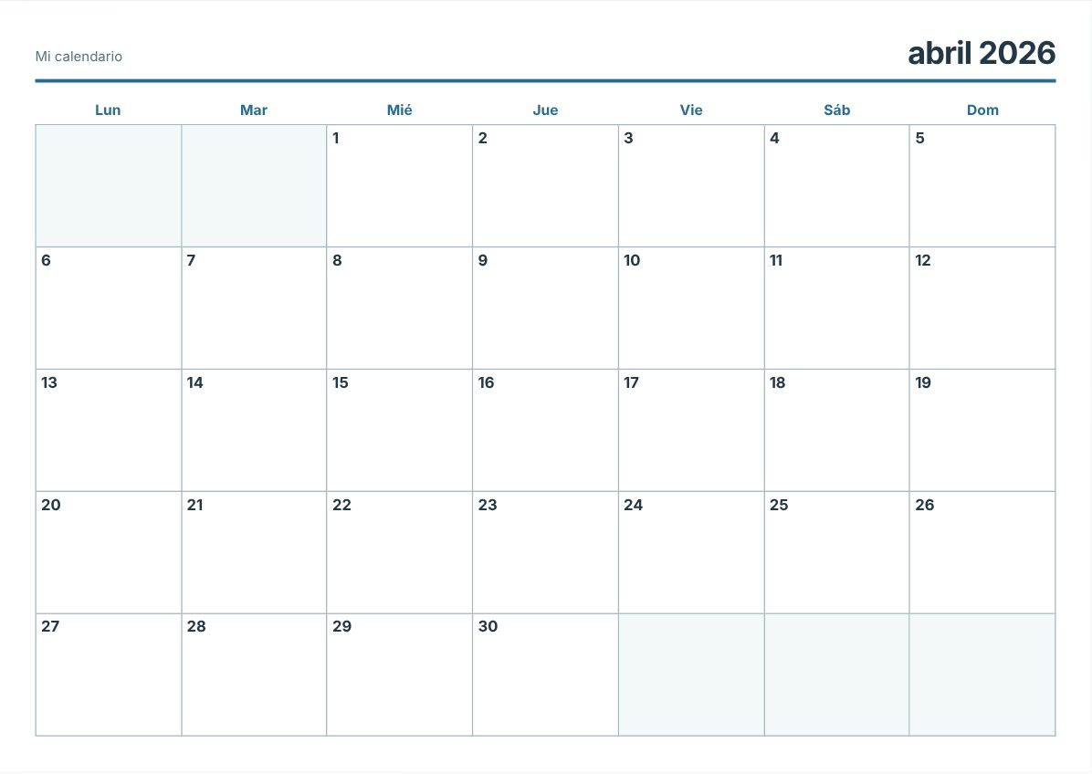 Calendario imprimible de abril de 2026 (vista previa de impresión)