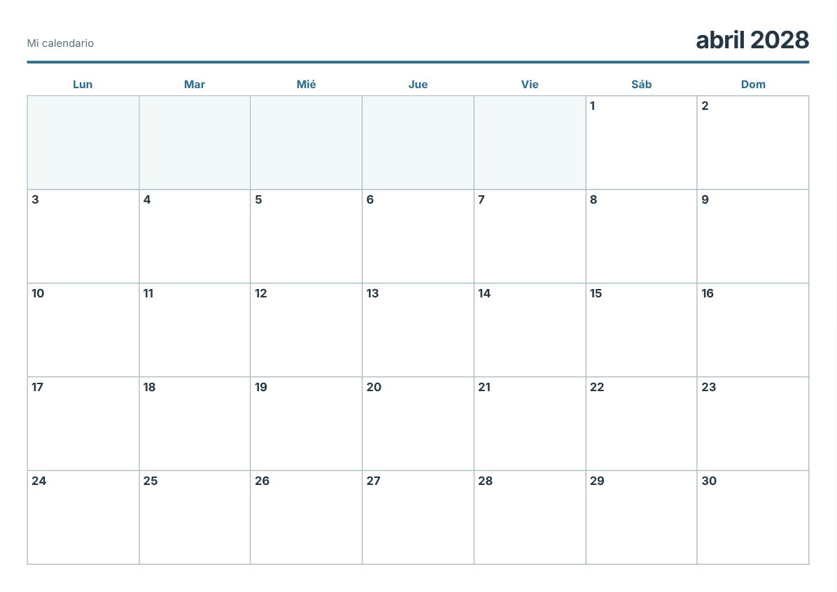 Calendario imprimible de abril de 2028 (vista previa de impresión)
