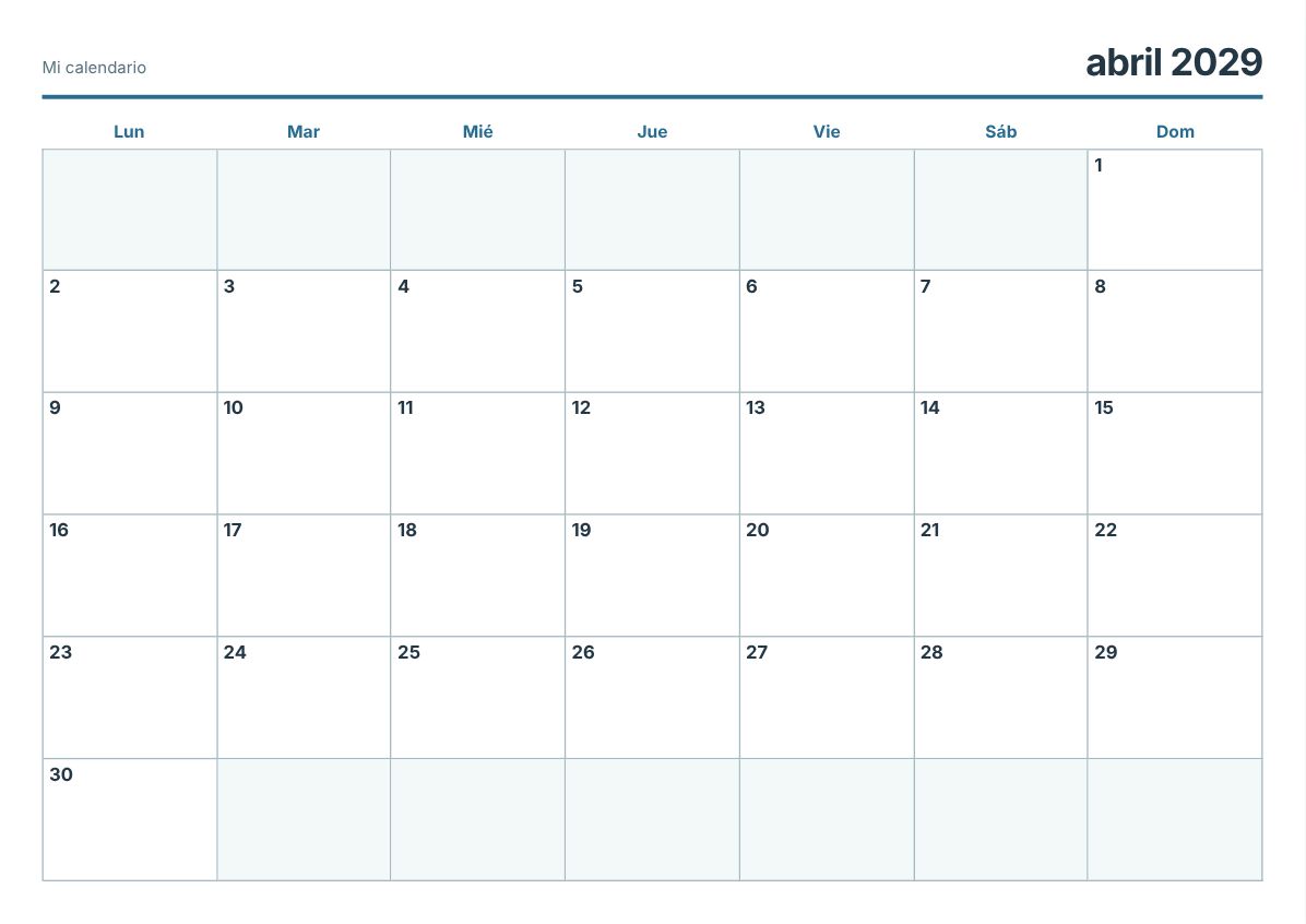 Calendario imprimible de abril de 2029 (vista previa de impresión)