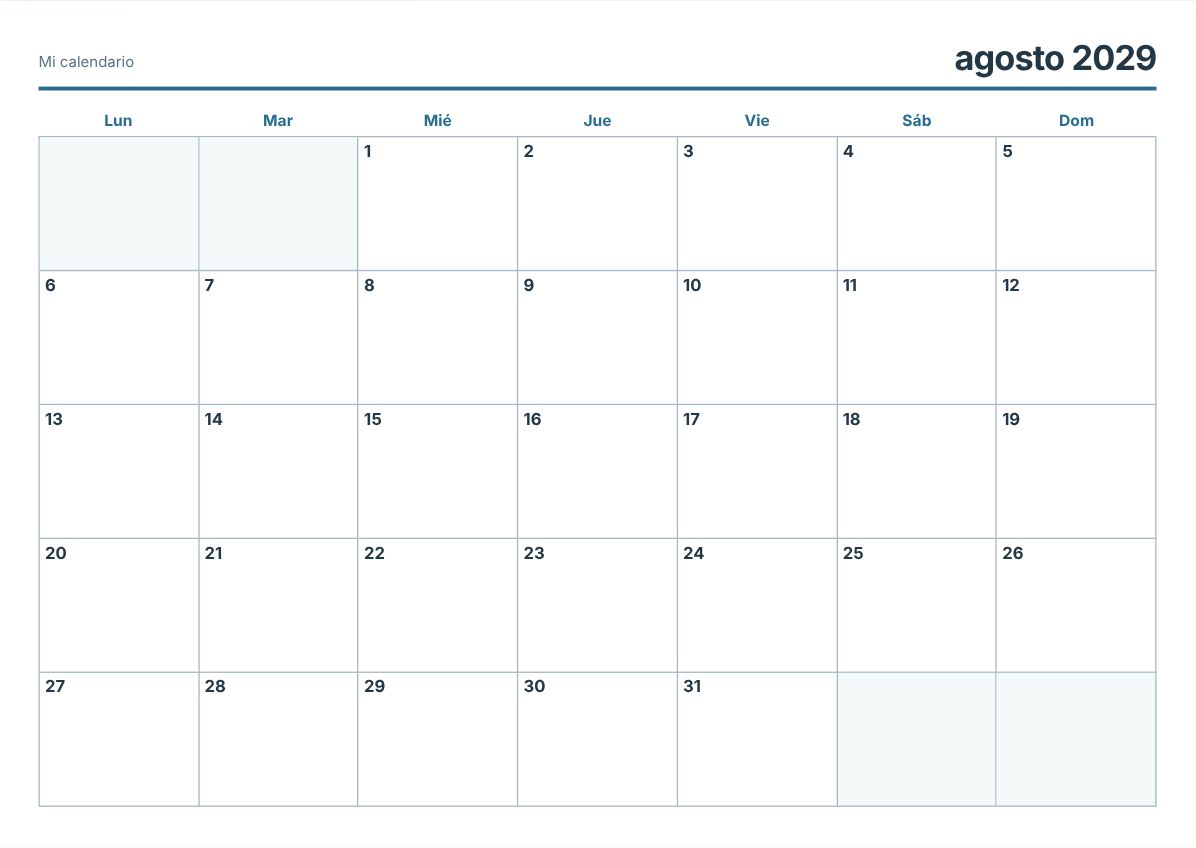 Calendario imprimible de agosto de 2029 (vista previa de impresión)