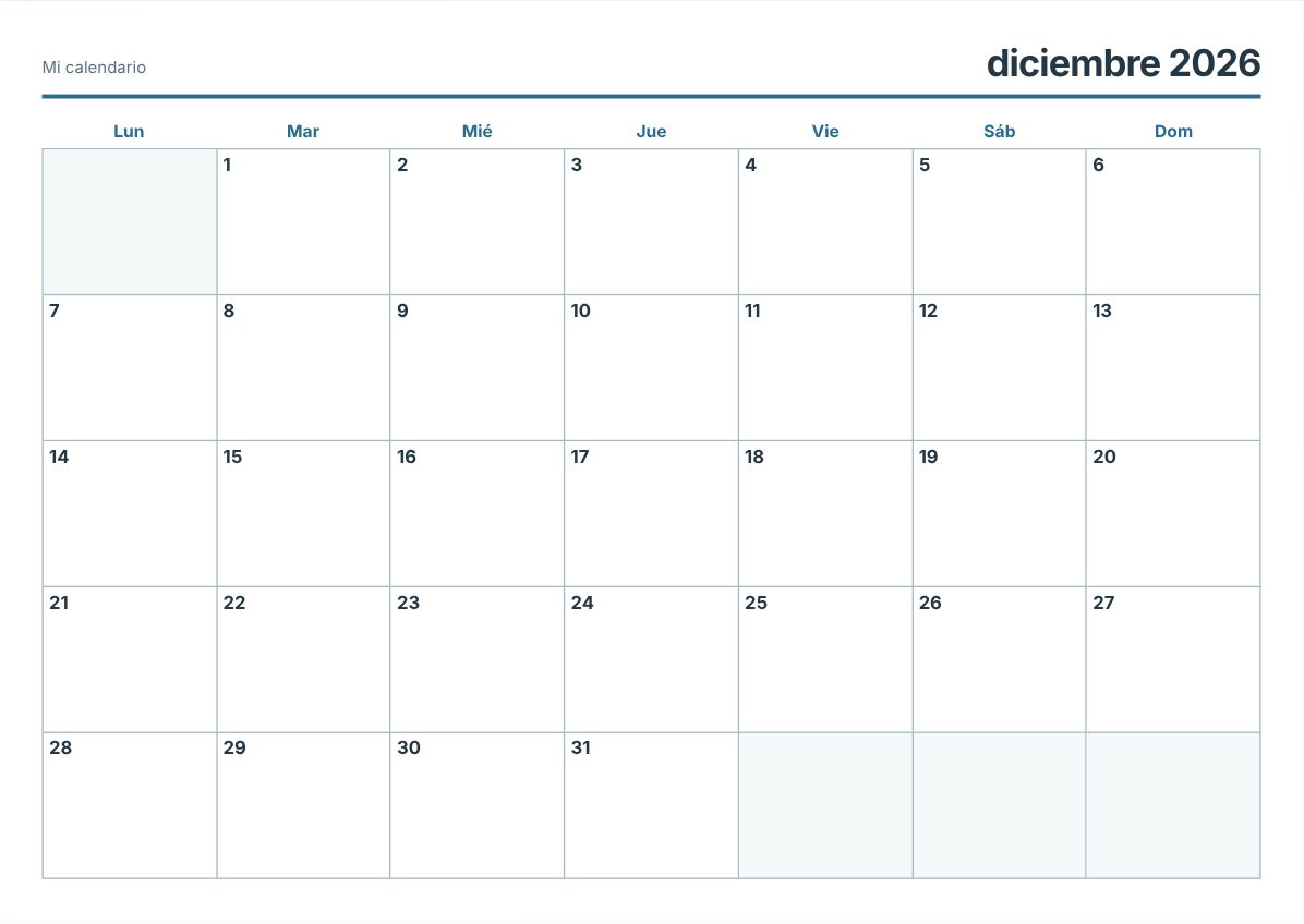 Calendario imprimible de diciembre de 2026 (vista previa de impresión)