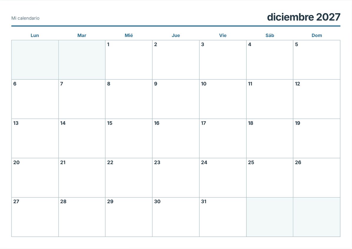Calendario imprimible de diciembre de 2027 (vista previa de impresión)