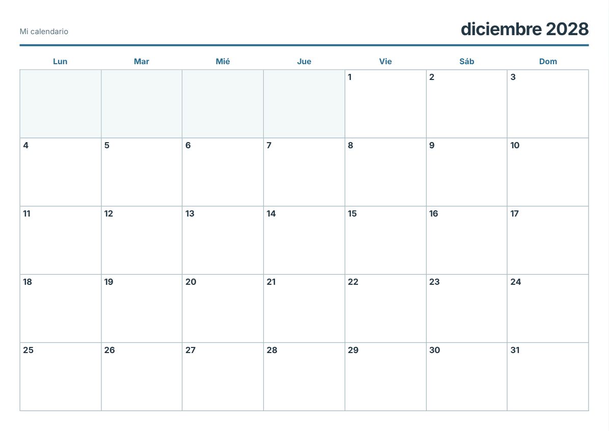 Calendario imprimible de diciembre de 2028 (vista previa de impresión)