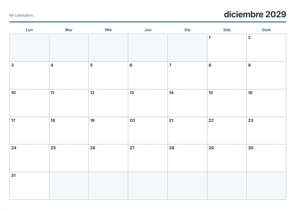 Calendario imprimible de diciembre de 2029 (vista previa de impresión)