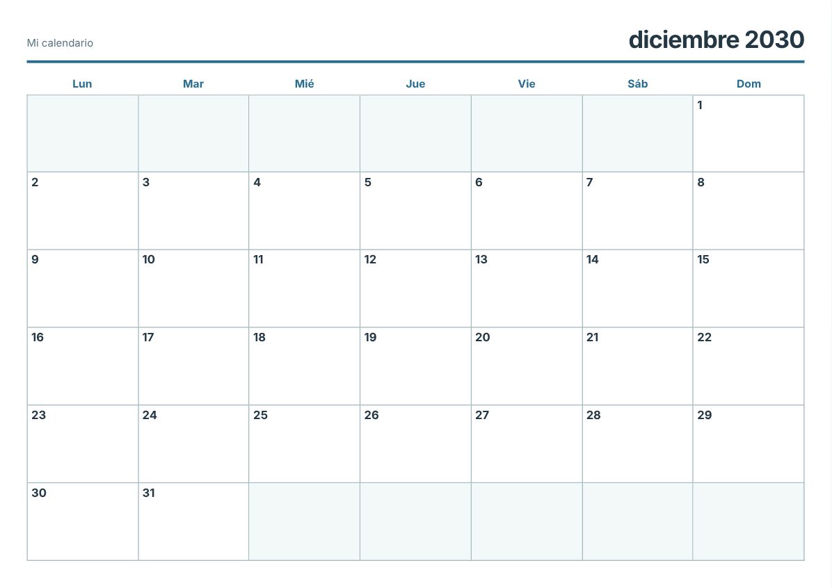 Calendario imprimible de diciembre de 2030 (vista previa de impresión)