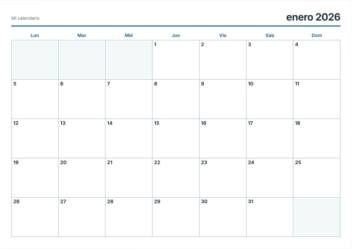 Calendario imprimible de enero de 2026 (vista previa de impresión)