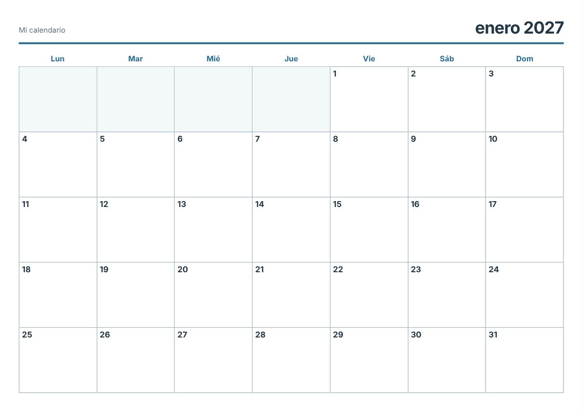 Calendario imprimible de enero de 2027 (vista previa de impresión)