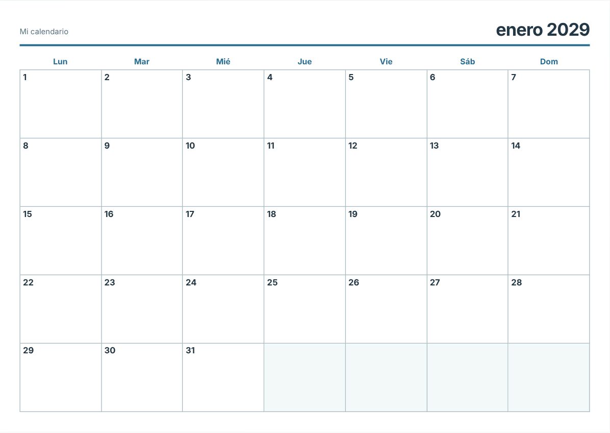 Calendario imprimible de enero de 2029 (vista previa de impresión)