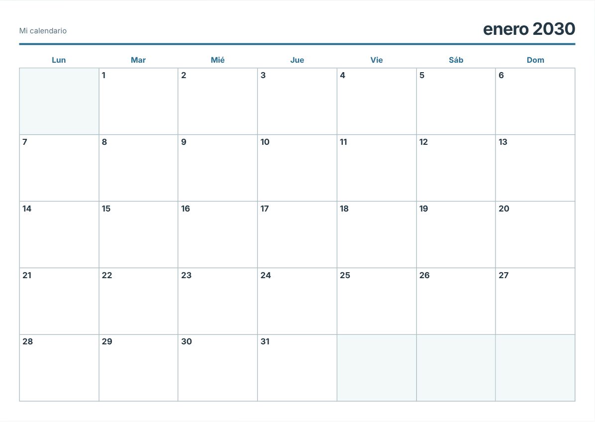Calendario imprimible de enero de 2030 (vista previa de impresión)