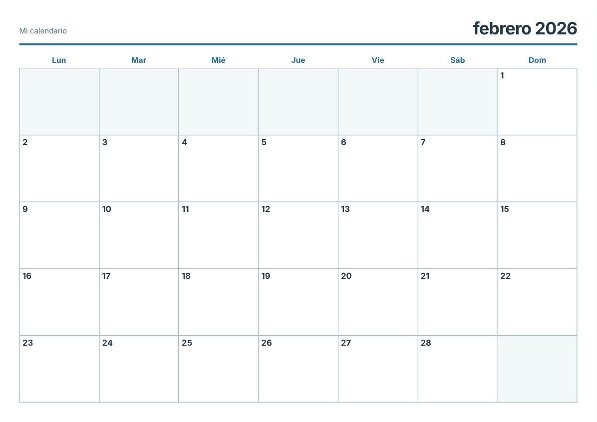 Calendario imprimible de febrero de 2026 (vista previa de impresión)