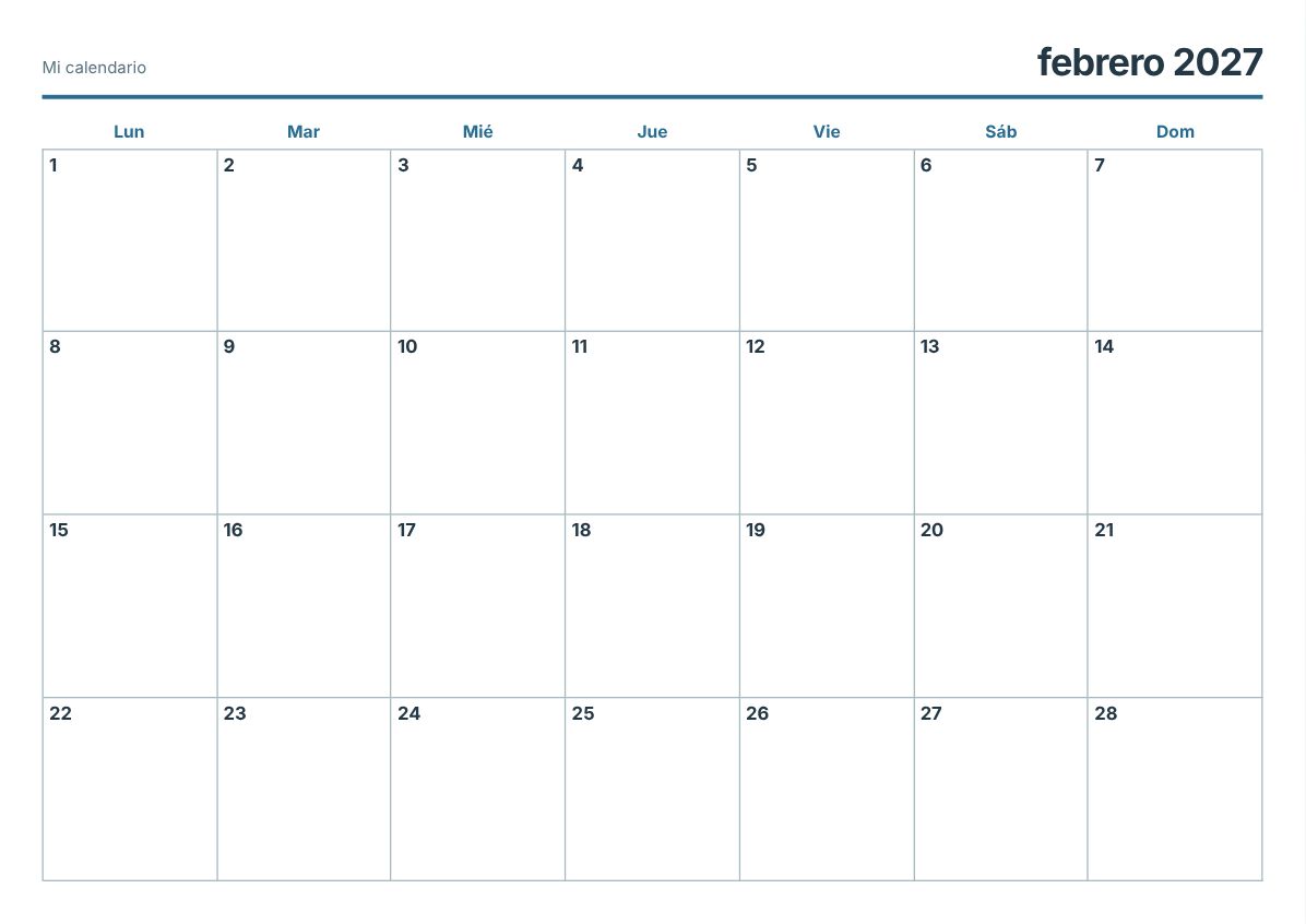 Calendario imprimible de febrero de 2027 (vista previa de impresión)