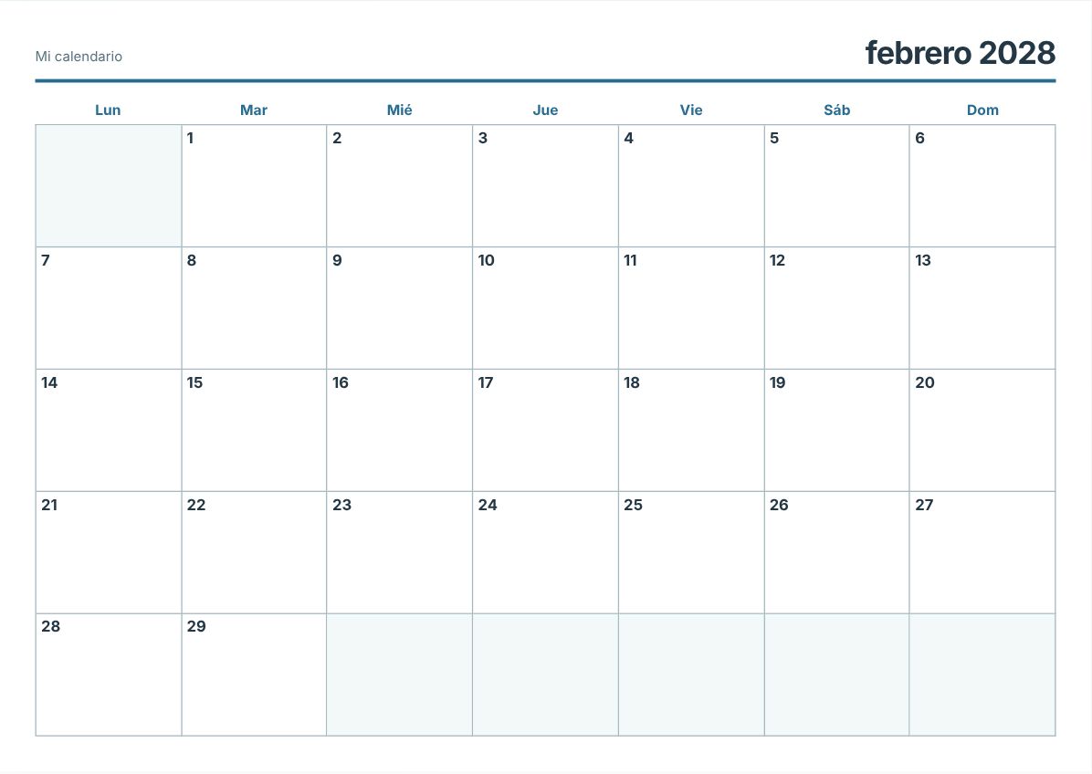 Calendario imprimible de febrero de 2028 (vista previa de impresión)