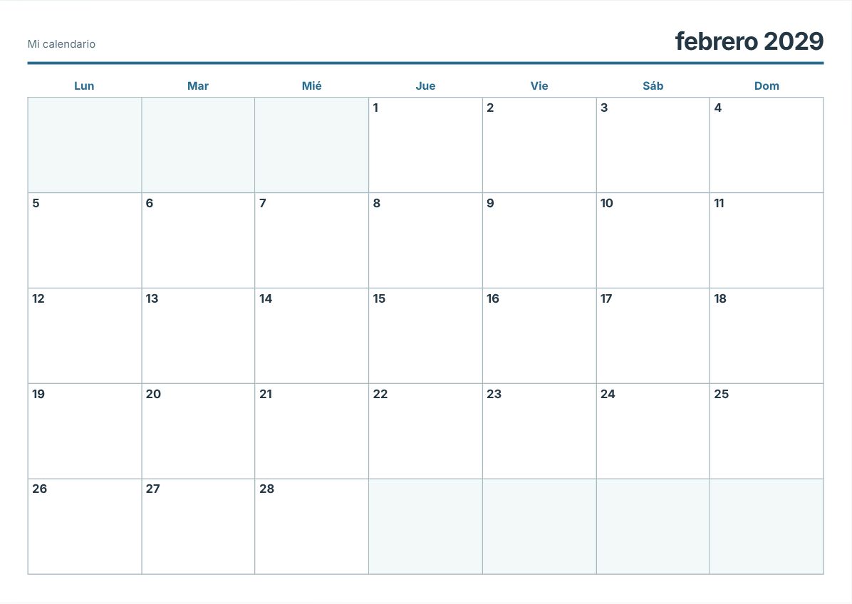 Calendario imprimible de febrero de 2029 (vista previa de impresión)
