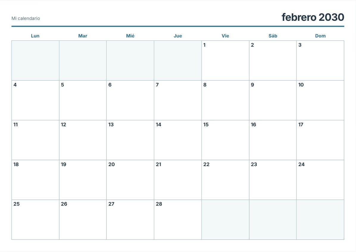 Calendario imprimible de febrero de 2030 (vista previa de impresión)