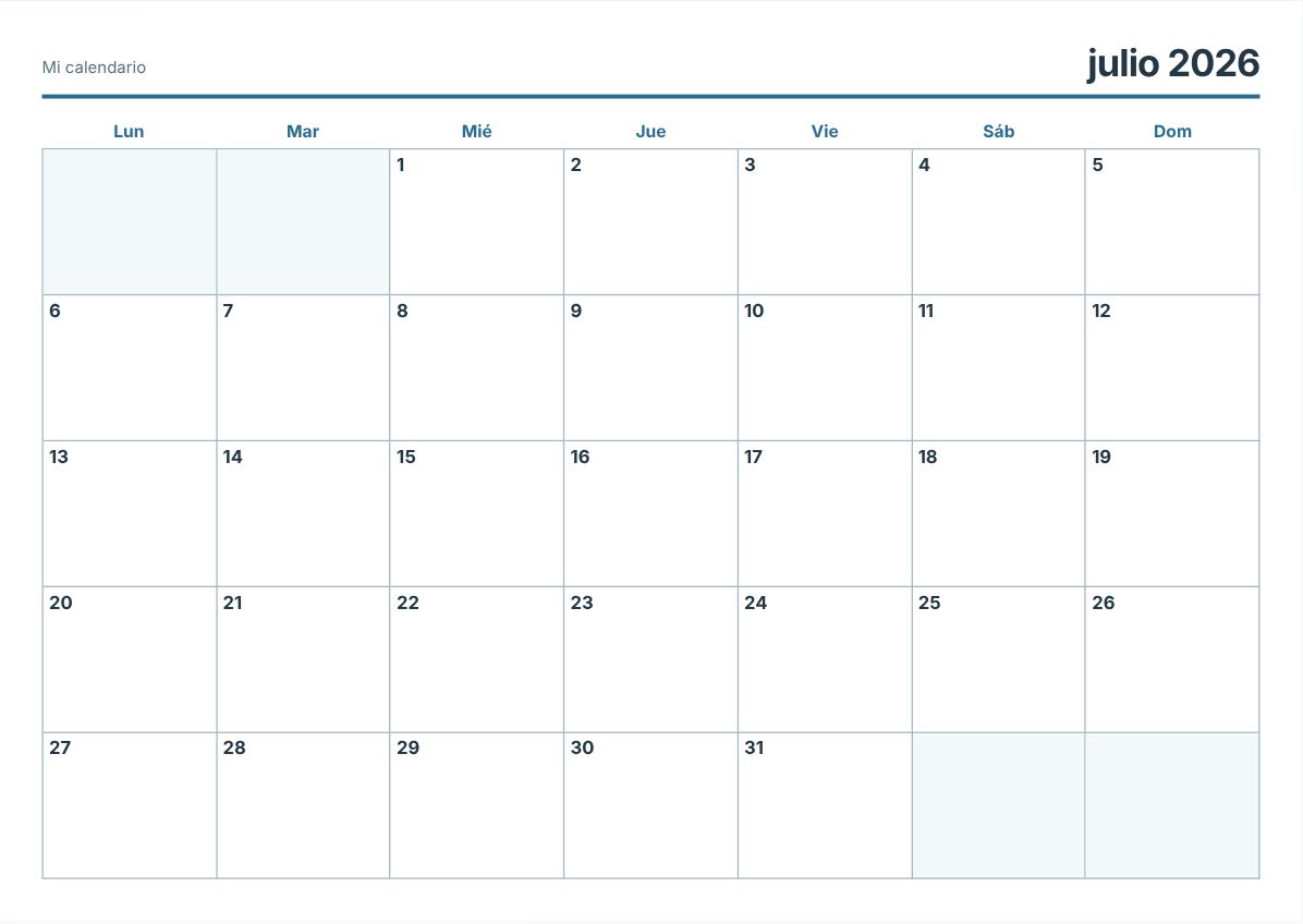Calendario imprimible de julio de 2026 (vista previa de impresión)