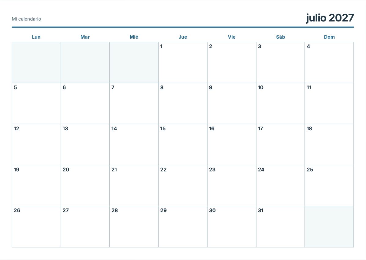 Calendario imprimible de julio de 2027 (vista previa de impresión)