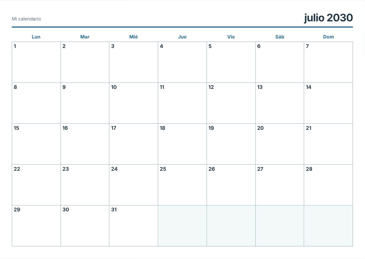 Calendario imprimible de julio de 2030 (vista previa de impresión)