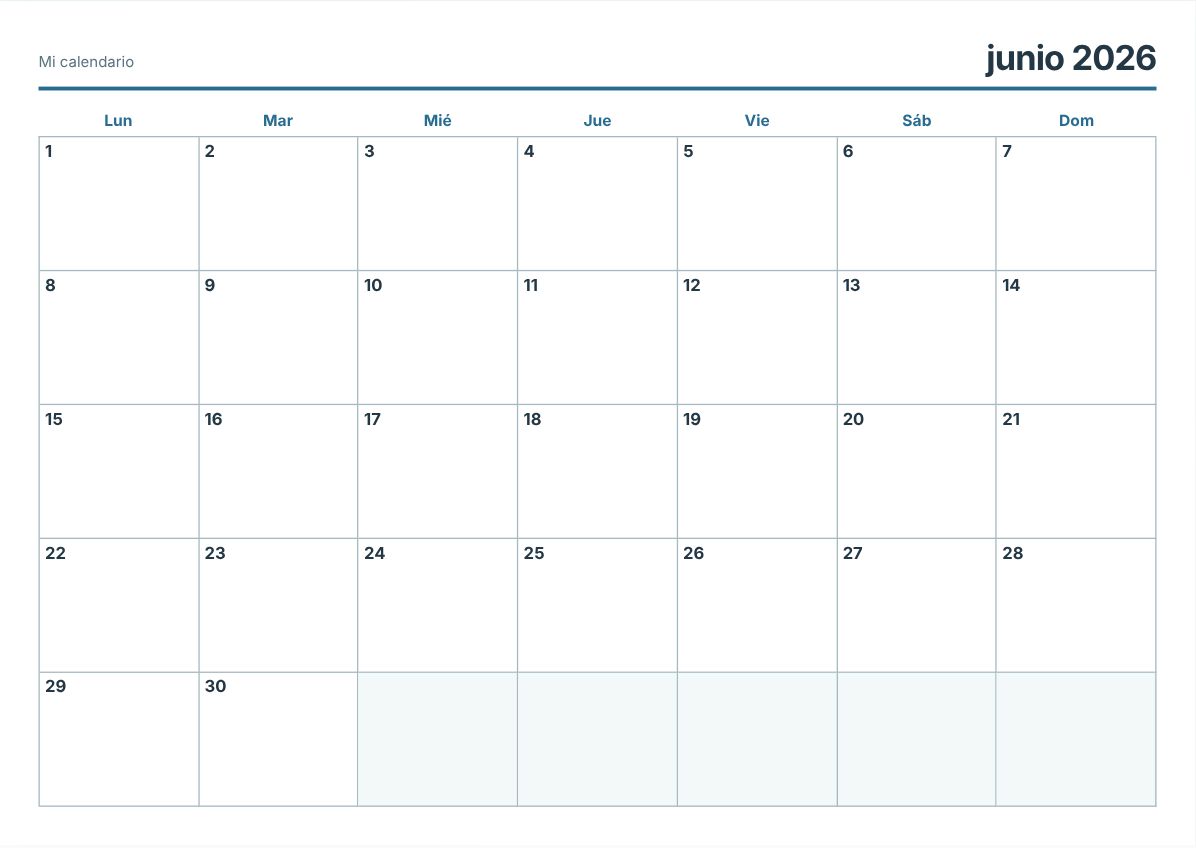 Calendario imprimible de junio de 2026 (vista previa de impresión)
