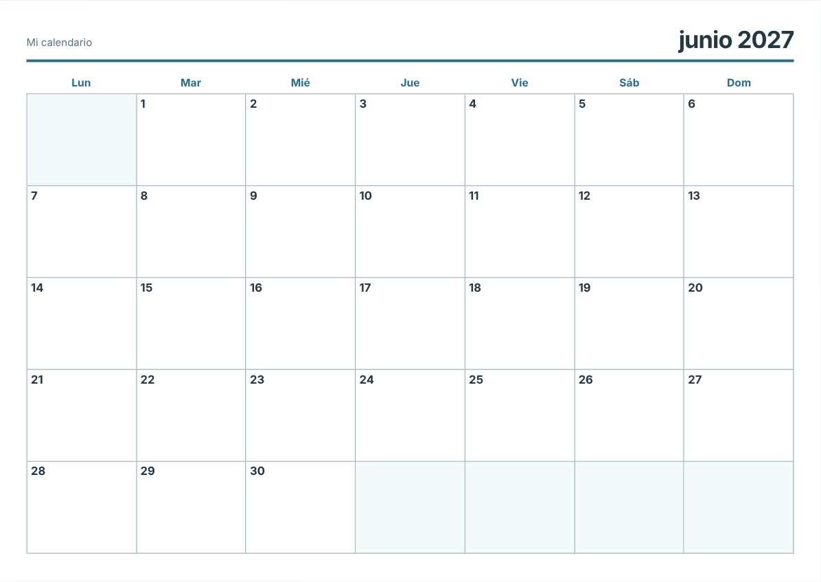 Calendario imprimible de junio de 2027 (vista previa de impresión)