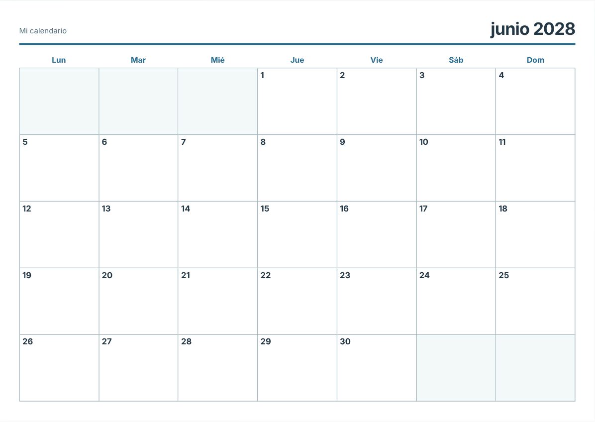 Calendario imprimible de junio de 2028 (vista previa de impresión)