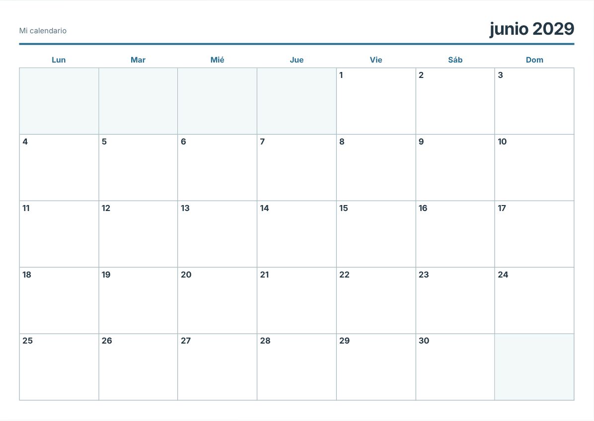 Calendario imprimible de junio de 2029 (vista previa de impresión)