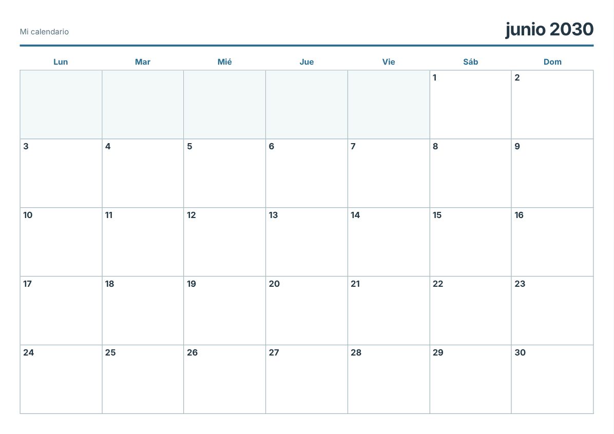 Calendario imprimible de junio de 2030 (vista previa de impresión)