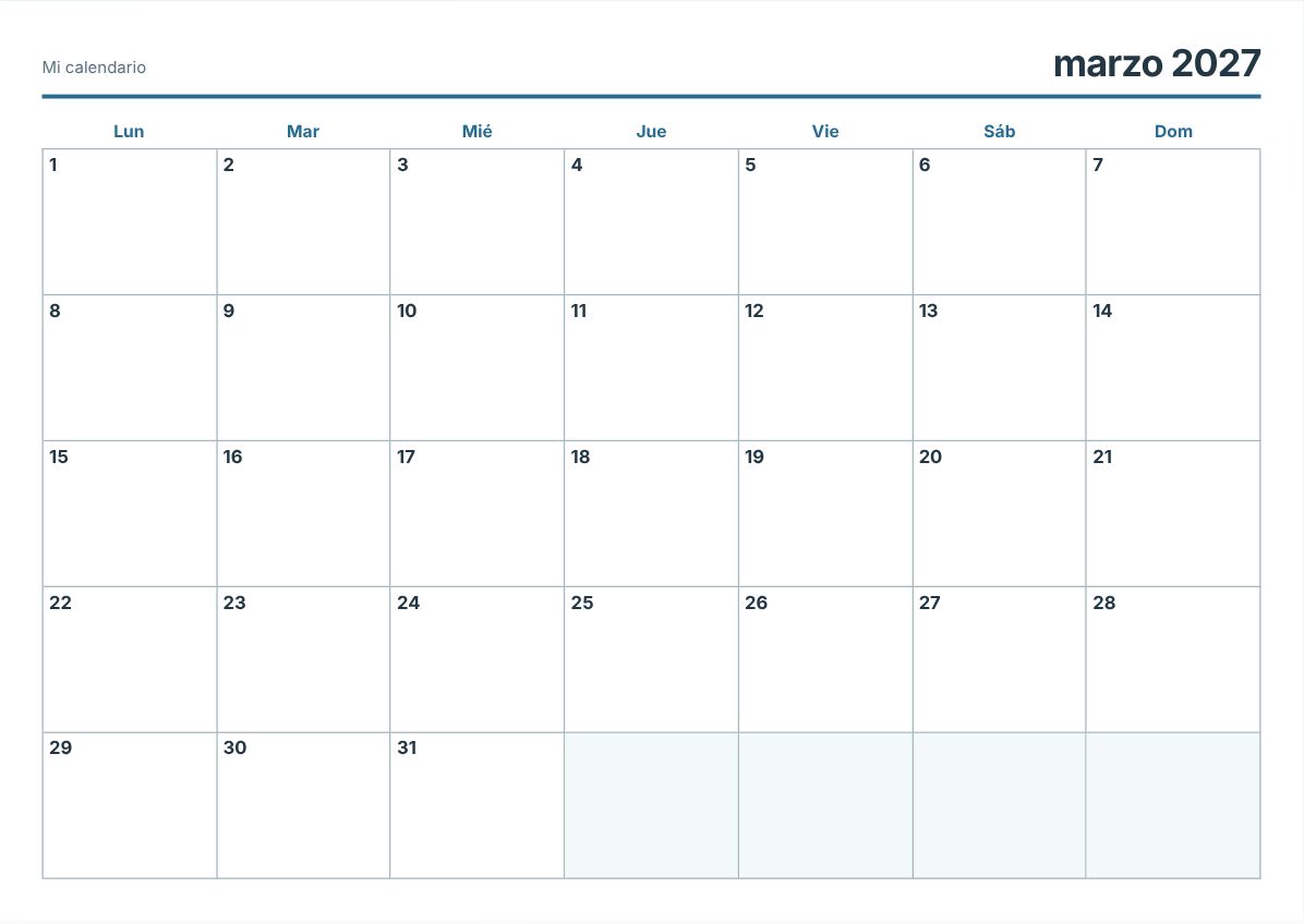Calendario imprimible de marzo de 2027 (vista previa de impresión)